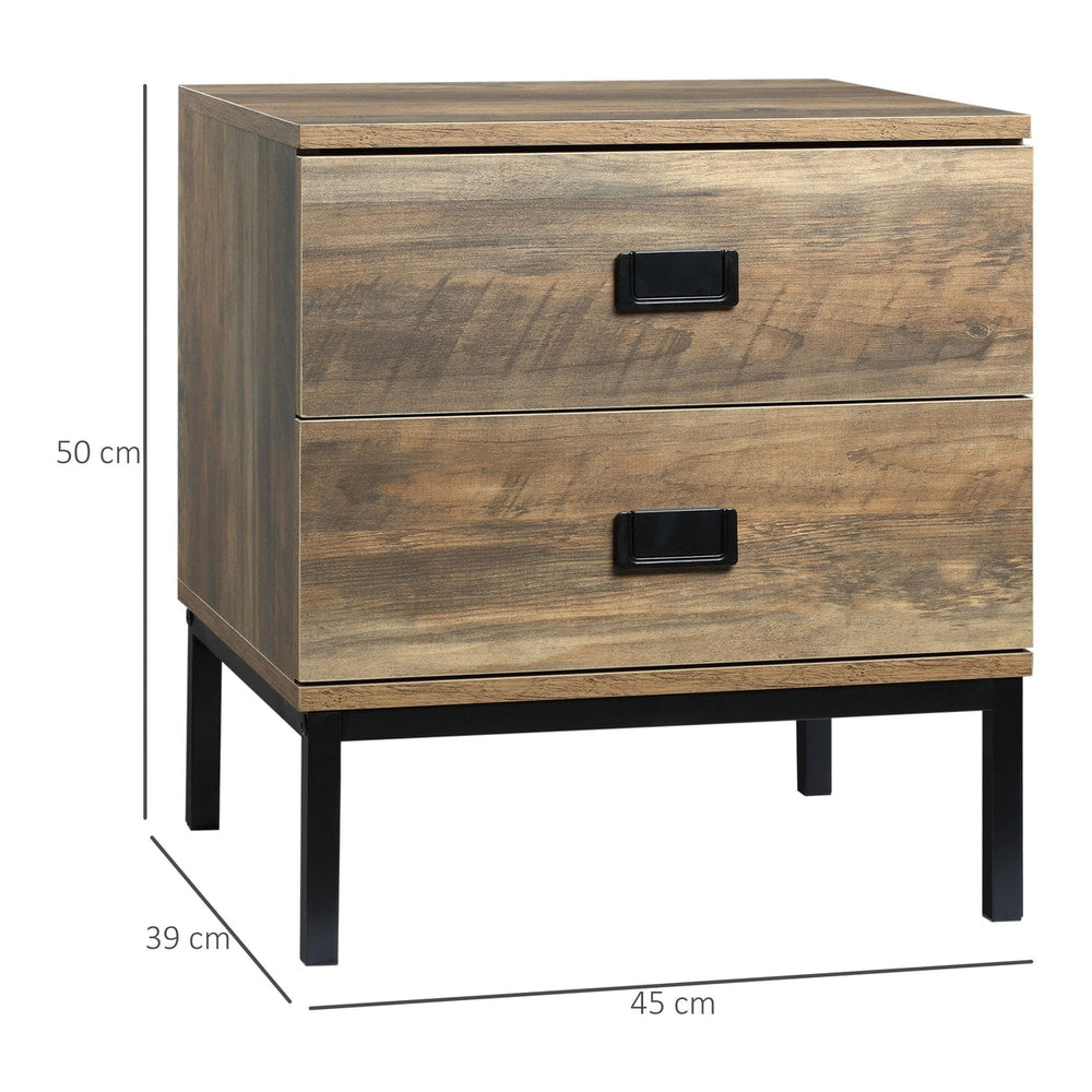 The wooden bedside table with black metal legs and two drawers on a white background