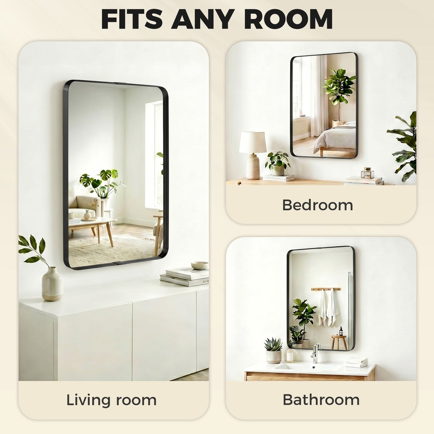 HOMCOM Rectangular Wall Mirror, 90 x 60 cm Wall Mounted Bathroom Mirror with Aluminium Alloy Frame and Tempered Glass, Black