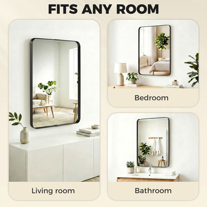 HOMCOM Rectangular Wall Mirror, 90 x 60 cm Wall Mounted Bathroom Mirror with Aluminium Alloy Frame and Tempered Glass, Black