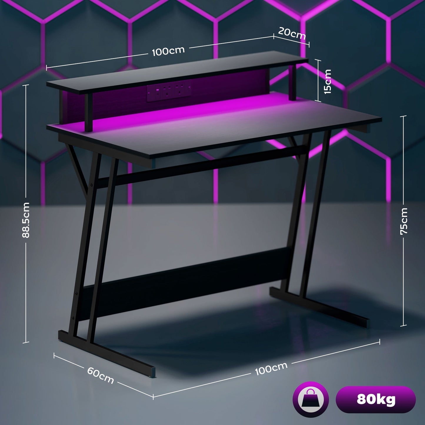 HOMCOM Two-Level LED Gaming Desk - Black