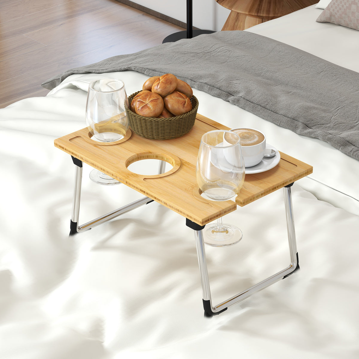 HOMCOM Portable Bamboo Top Wine and Glass Picnic Table in a Natural Wood Finish