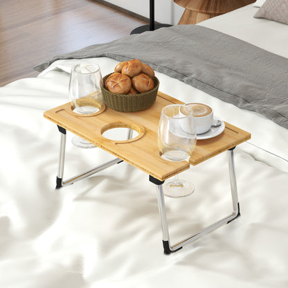HOMCOM Portable Bamboo Top Wine and Glass Picnic Table in a Natural Wood Finish