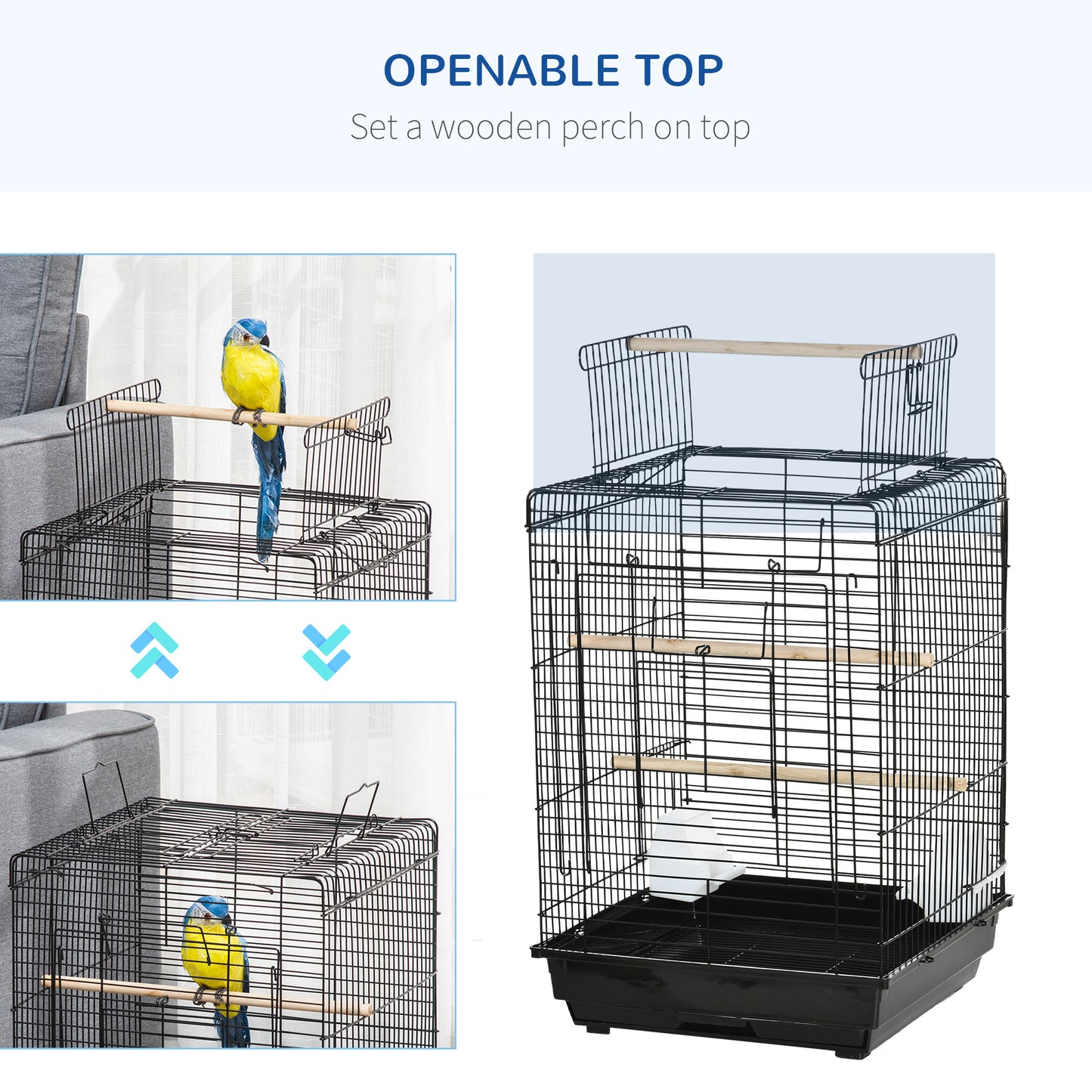 PawHut Steel Bird Cage with Openable Top, Stand, Tray, Handles, Feeding Bowls for Parakeet, Finch - Black