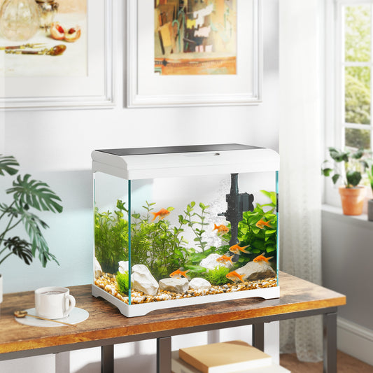 PawHut 27L Glass Fish Tank with Filter System, LED Light, Water Pump, for Betta, Goldfish, Shrimps, White