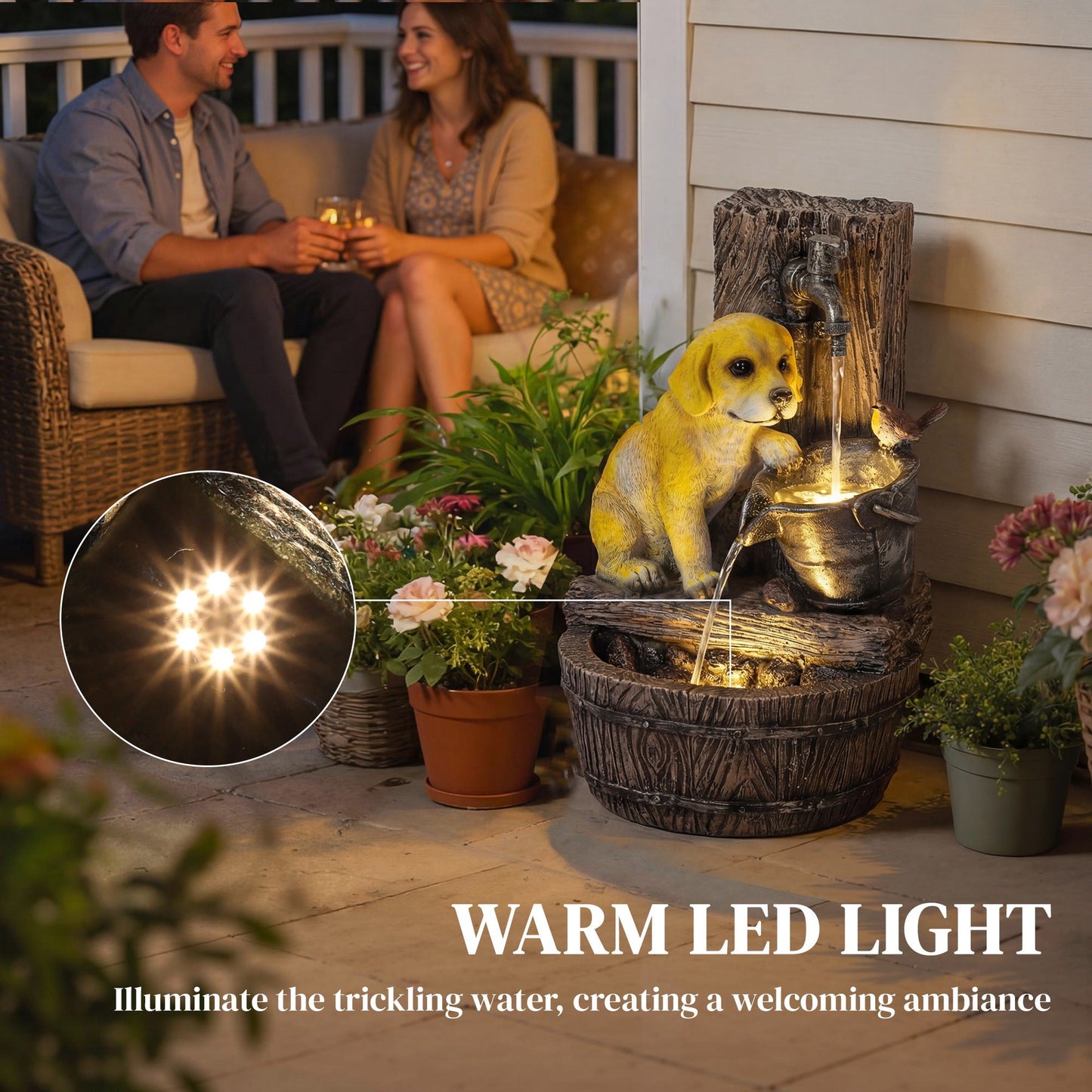 نافورة مياه للحديقة من Outsunny بتصميم جرو ريفي من 3 طبقات، راتنج قائم بذاته مع أضواء LED، تدفق قابل للتعديل، بني ريفي