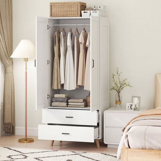 HOMCOM 2-Door Wardrobe, Modern Wardrobe with 2 Drawers and Hanging Rail for Bedroom, White
