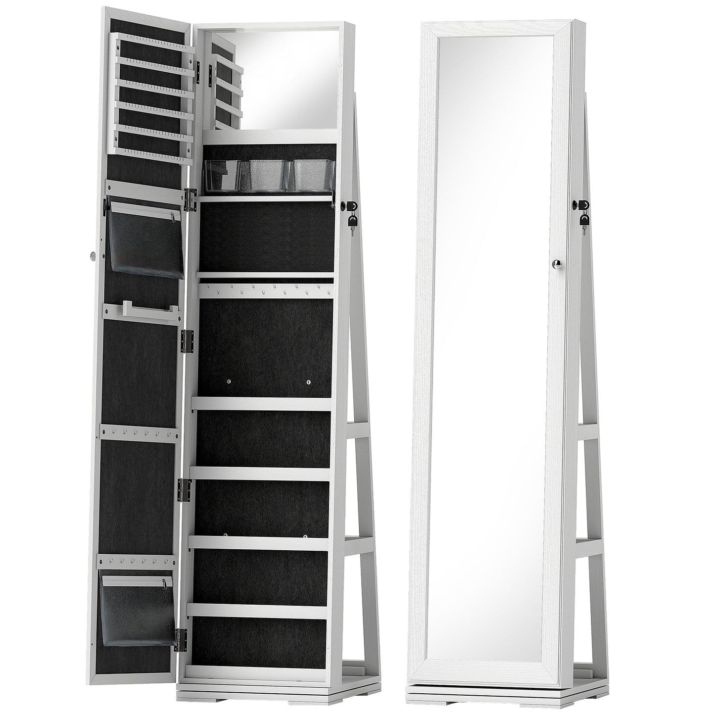 HOMCOM 360 degrees Swivel Jewellery Cabinet, Free Standing Full Length Mirror with Storage, Lockable Jewellery Organiser with Built-in Makeup Mirror and Storage Shelves for Bedroom, White