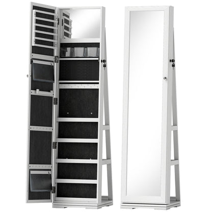 HOMCOM 360 degrees Swivel Jewellery Cabinet, Free Standing Full Length Mirror with Storage, Lockable Jewellery Organiser with Built-in Makeup Mirror and Storage Shelves for Bedroom, White