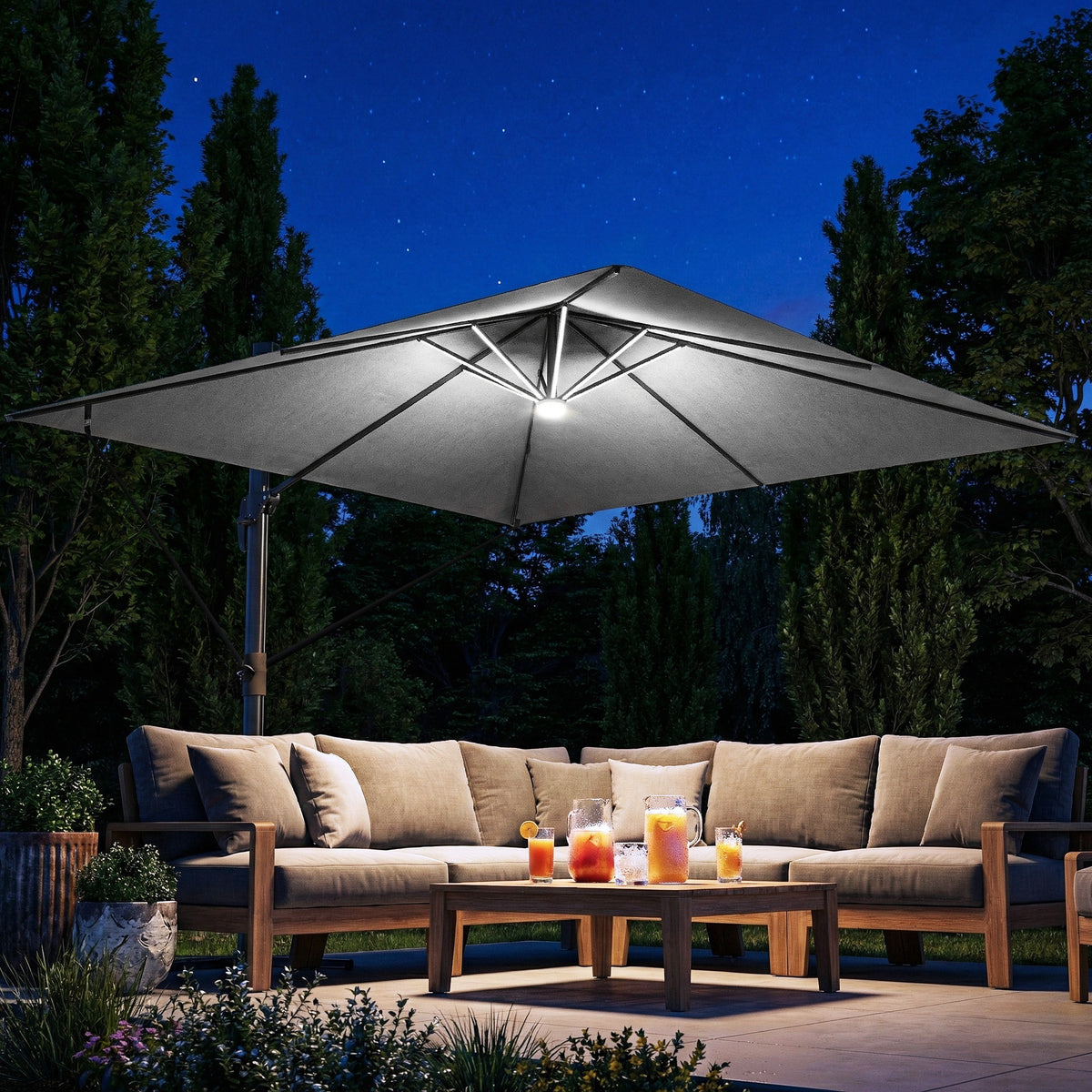 Outsunny Garden Cantilever Parasol with Light in Light Grey
