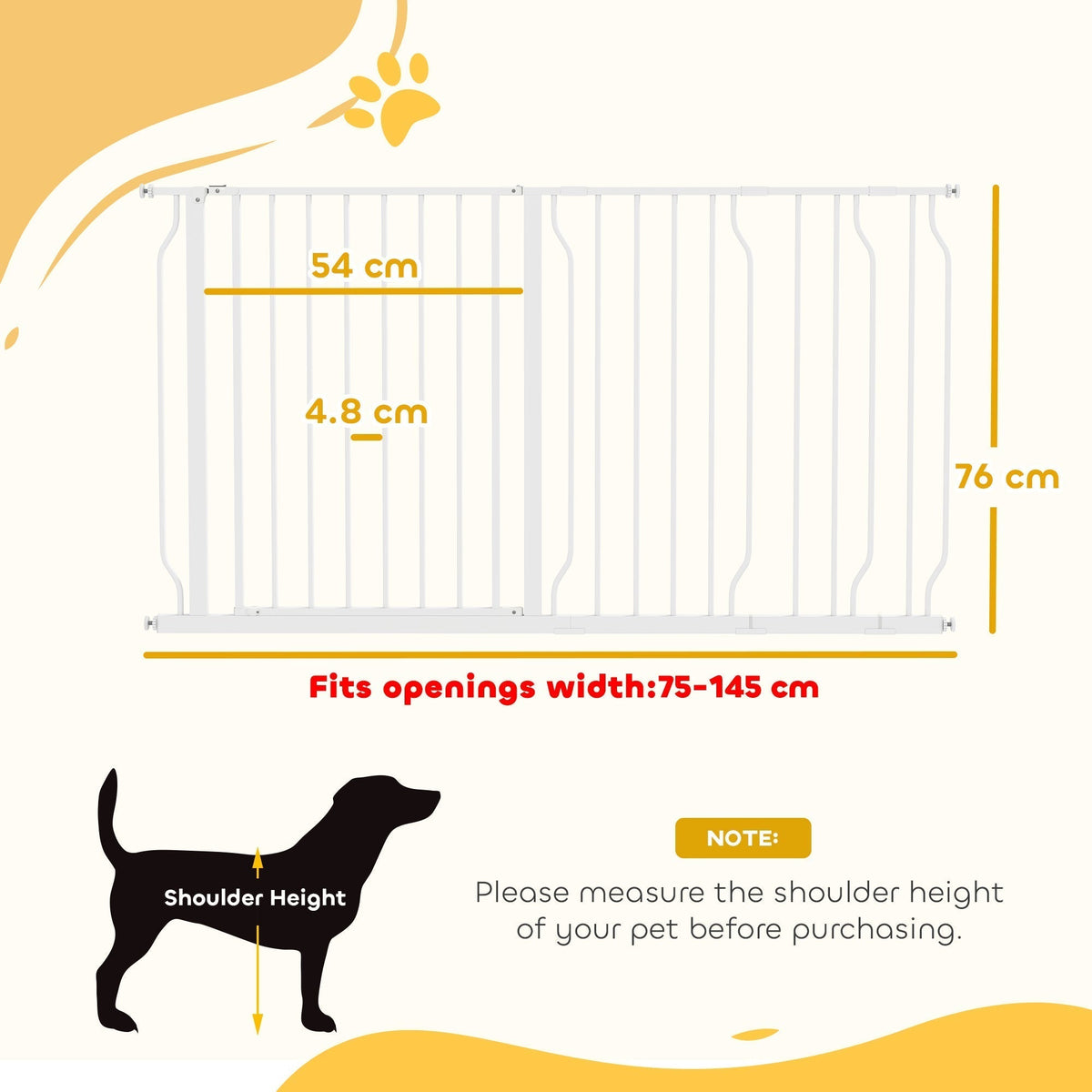 The dog gate dimensions diagram showing height and width with a dog silhouette