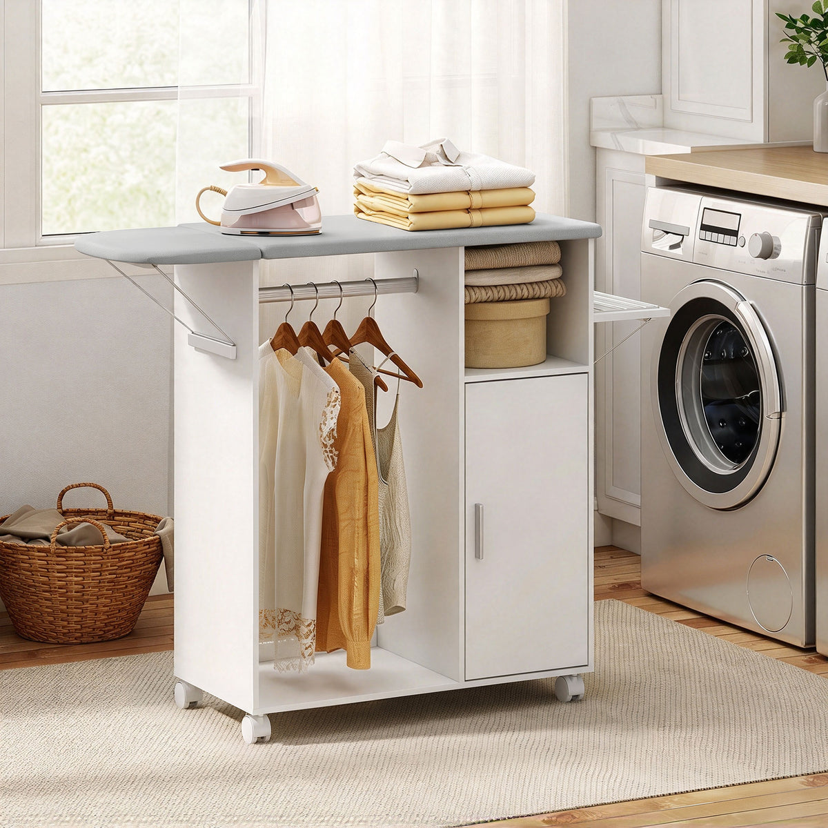HOMCOM Rolling Ironing Board Cabinet, Foldable Ironing Station with Storage, Wheels for Home, Laundry Room, White