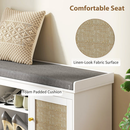 HOMCOM Boho Shoe Storage Bench with Padded Cushion and Rattan Doors - White
