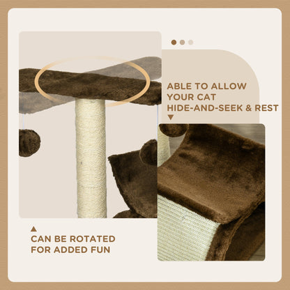 PawHut Cat Tree, Cat Tower for Kittens, Small Cat Condo with Rotatable Top Bar, Sisal Scratching Post, Tunnel, Dangling Balls - Brown
