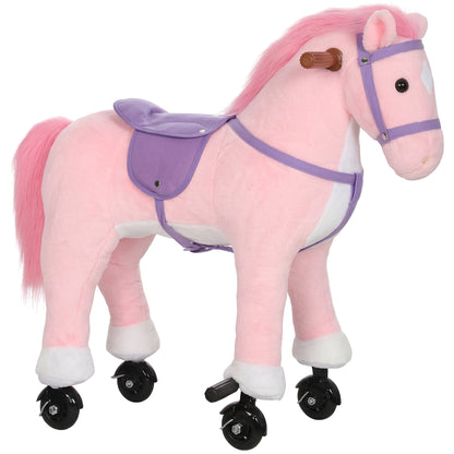 AIYAPLAY Rocking Horse, Plush Ride On Horse with Hoof Sounds, Music, Rolling Wheels and Pedal for 3-7 Years, Up to 50kg, Pink