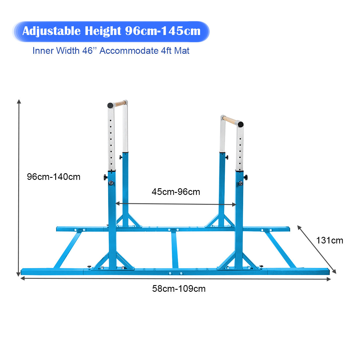 Diagram showing the dimensions of the blue parallel gymnastics bar