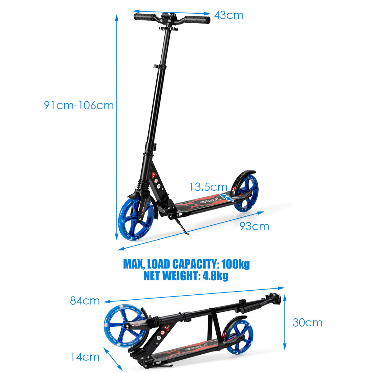 Size diagram of the black kick scooter showing dimensions and load capacity