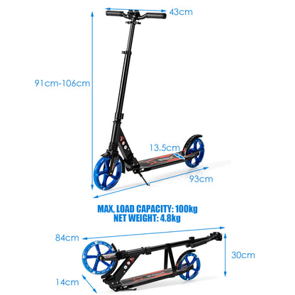 Size diagram of the black kick scooter showing dimensions and load capacity