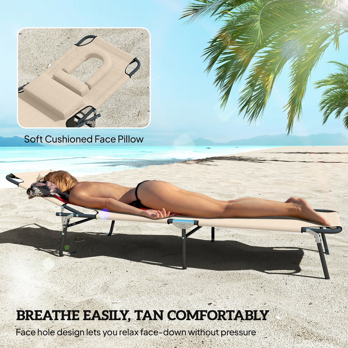 Outsunny Folding Sun Lounger with Face Hole, 4-Position Adjustable Backrest Garden Recliner Chair Sunbed, Outdoor Lounge Chair with 600 D Oxford Cloth Seat, Pillow for Beach, Beige