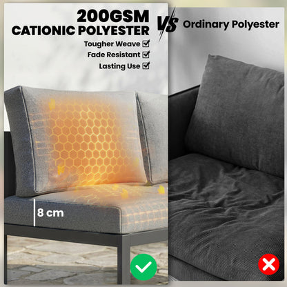 Outsunny 6 Seater Metal Garden Furniture Corner Sofa Set with 3 Loveseats, Faux Wood Table, Texteline Seat, Cushions, Dark Grey