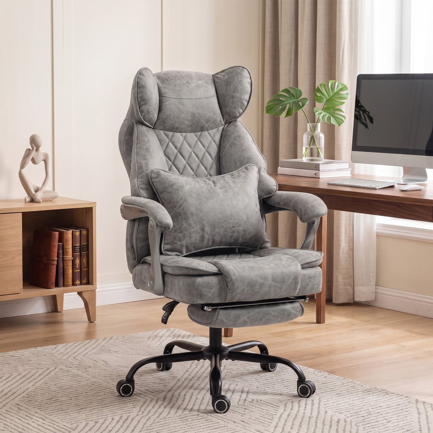 HOMCOM Executive Office Chair, Leathaire Big and Tall Office Chair 180 kg with Wide Seat, Reclining, Lumbar Support, Grey
