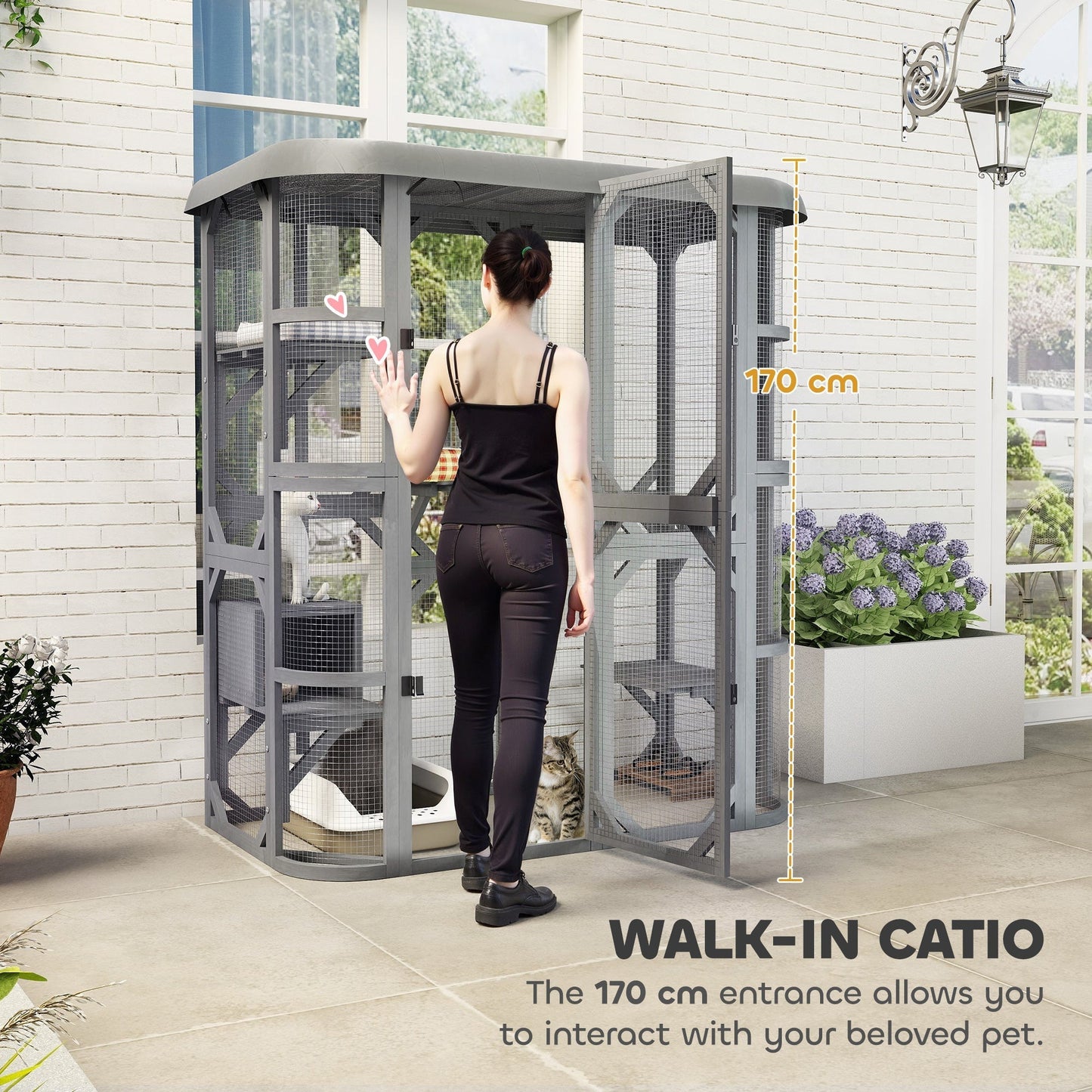 PawHut Catio Outdoor Cat Enclosure,  Wooden Cat House with Platforms, Condo and Waterproof Cover for 2–3 Kittens, Grey
