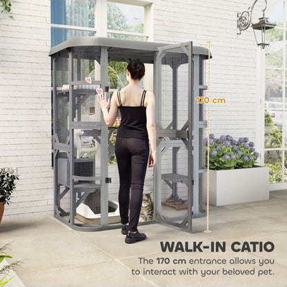 PawHut Catio Outdoor Cat Enclosure,  Wooden Cat House with Platforms, Condo and Waterproof Cover for 2–3 Kittens, Grey