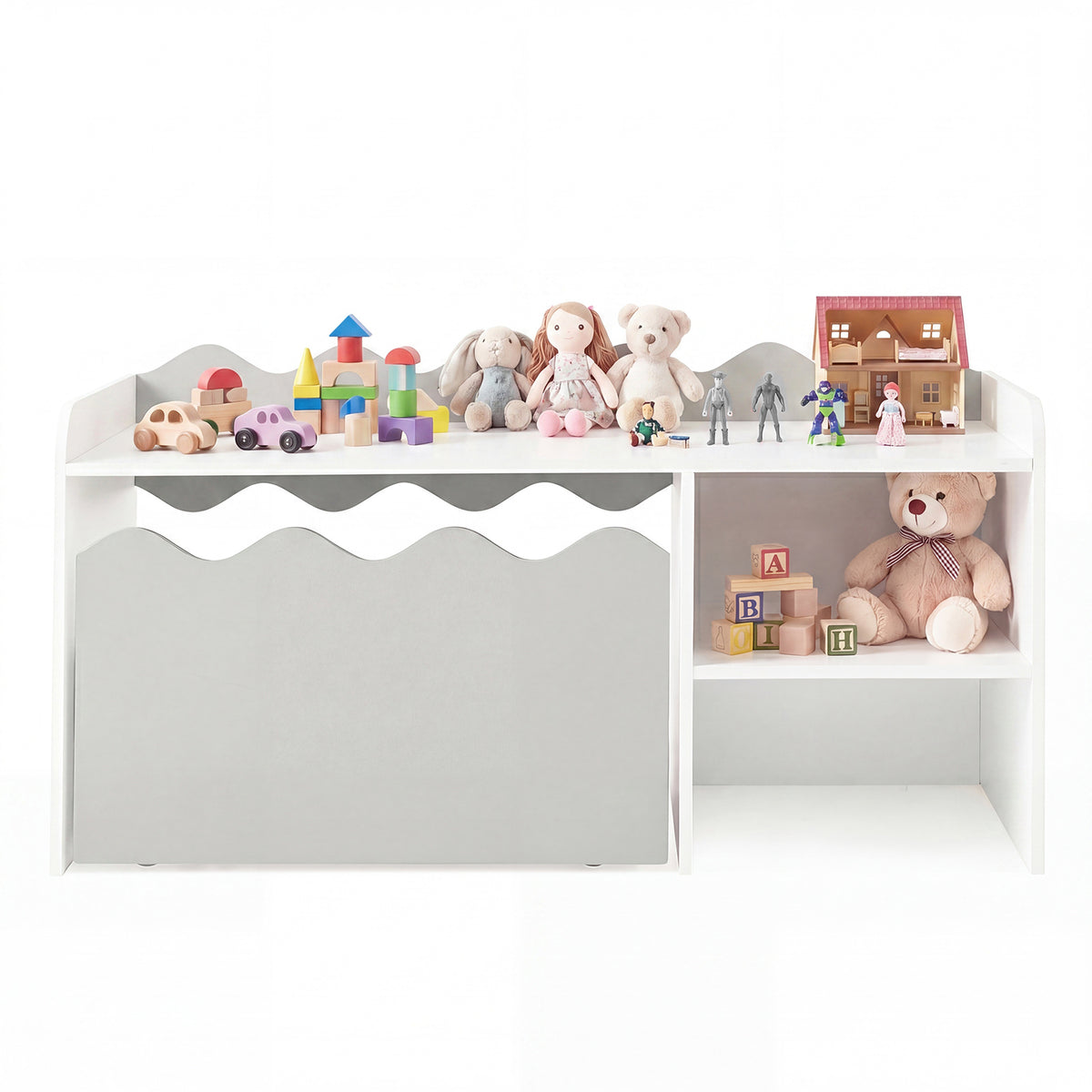 Scalloped Kids Bookshelf with Movable Drawer and Anti-Toppling Kit for Playroom-Grey