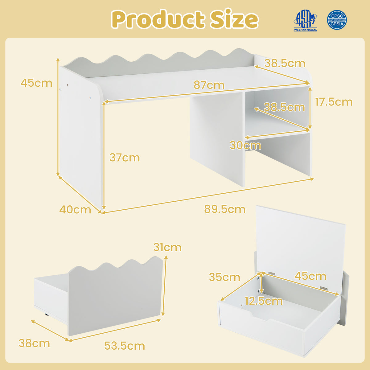 Scalloped Kids Bookshelf with Movable Drawer and Anti-Toppling Kit for Playroom-Grey