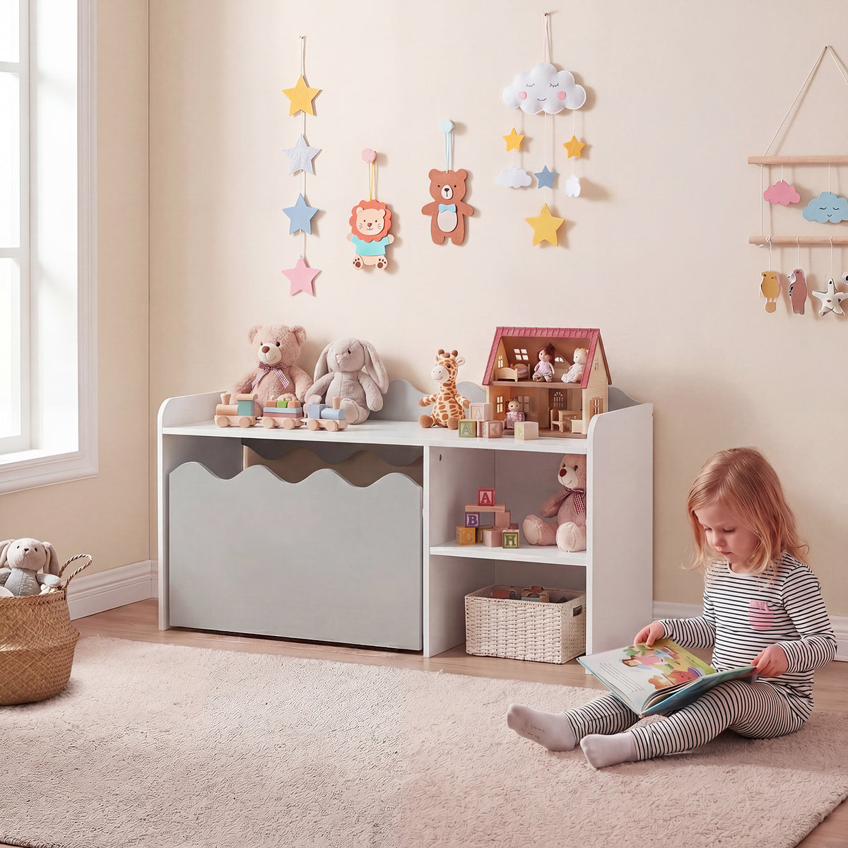 Scalloped Kids Bookshelf with Movable Drawer and Anti-Toppling Kit for Playroom-Grey