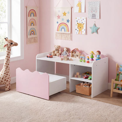 Scalloped Kids Bookshelf with Movable Drawer and Anti-Toppling Kit for Playroom-Pink