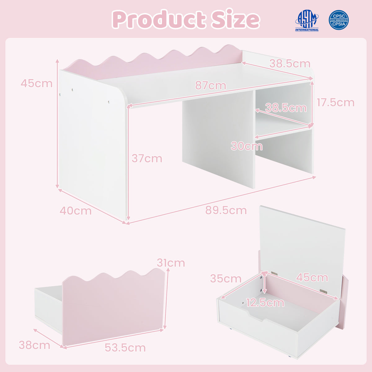 Scalloped Kids Bookshelf with Movable Drawer and Anti-Toppling Kit for Playroom-Pink