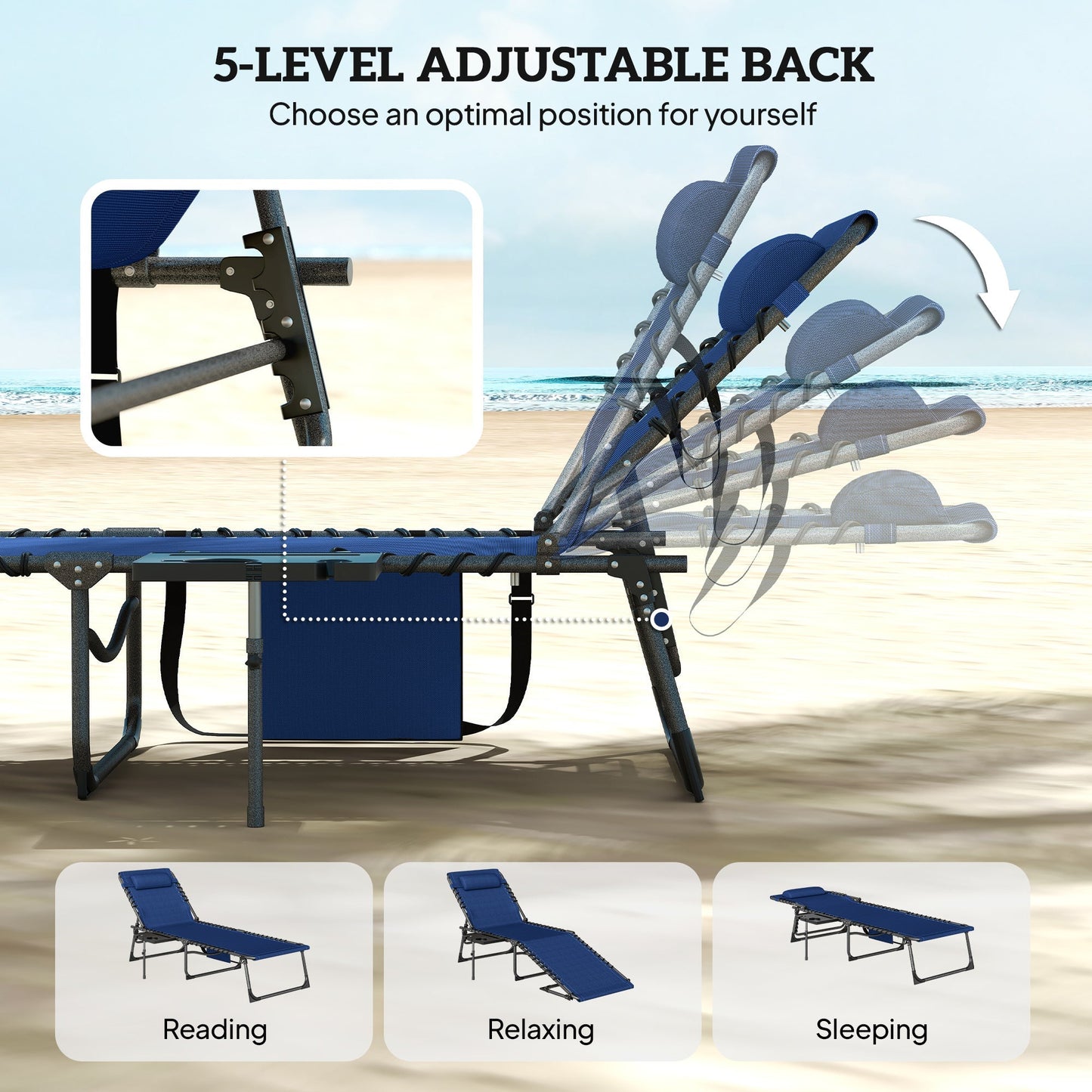 Outsunny Five-Position Reclining Sun Loungers Set of 2 - Dark Blue