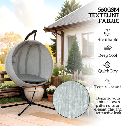 Outsunny Hanging Egg Chair Outdoor Indoor Garden Swing Chair with Folding Basket, Thickened Cushion, Cup Holder for Patio, Balcony, Grey