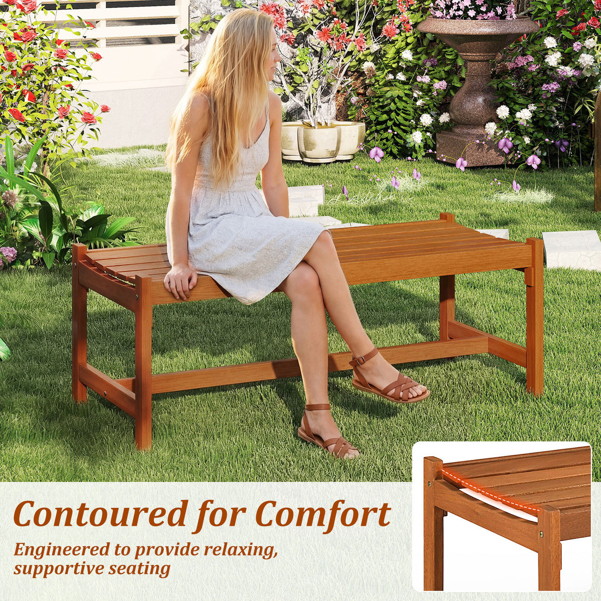 Set of 2 112cm Patio Wood Bench Set of 2 Outdoor Solid Hardwood Dining Bench