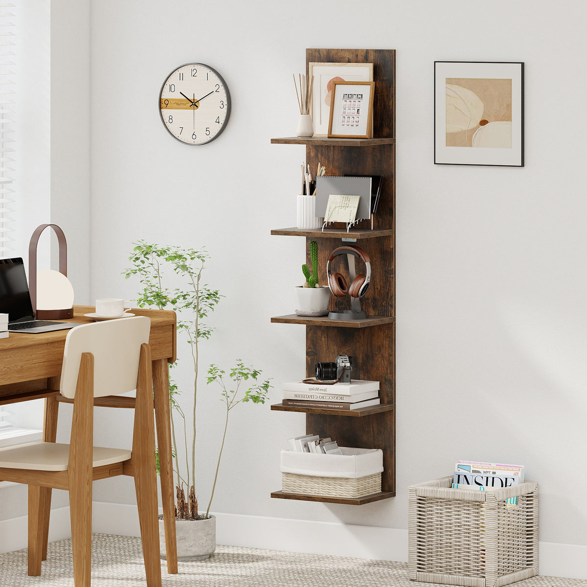 Set of 2 5-Tier Wall Shelves Vertical Floating Storage Shelf Unit-Rustic Brown