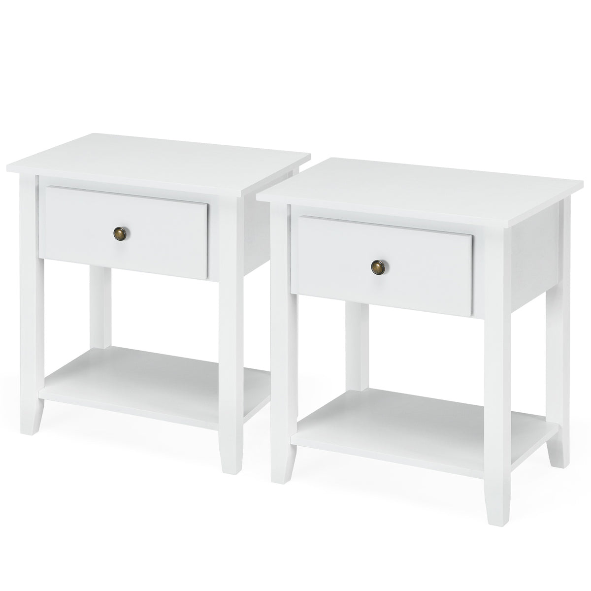 Set of 2 Accent Table Narrow Side End Table with 1 Drawer and Open Storage Shelf-White