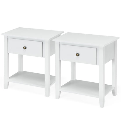 Set of 2 Accent Table Narrow Side End Table with 1 Drawer and Open Storage Shelf-White