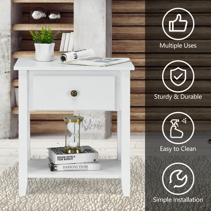 Set of 2 Accent Table Narrow Side End Table with 1 Drawer and Open Storage Shelf-White