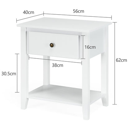 Set of 2 Accent Table Narrow Side End Table with 1 Drawer and Open Storage Shelf-White