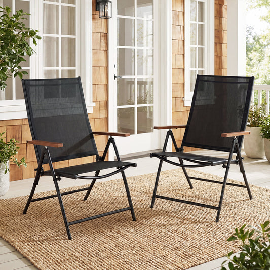 Set of 2 Breathable Fabric Folding Patio Chairs with 5-Position Adjustable Backrests-Black