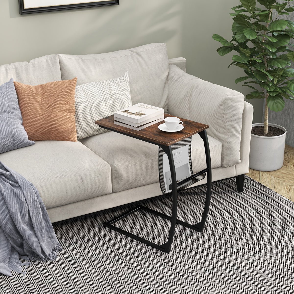 Set of 2 C-Shaped Compact Sofa Side Snack Table for Small Space-Brown