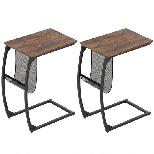 Set of 2 C-Shaped Compact Sofa Side Snack Table for Small Space-Brown