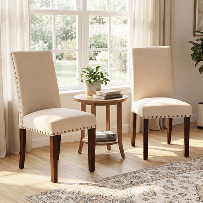 Set of 2 Dining Chairs with High Back, and Solid Rubber Wood Legs-Beige
