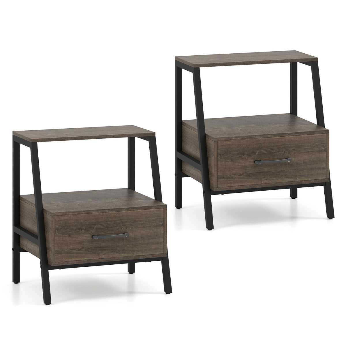 Set of 2 Farmhouse 3-Tier Nightstand with Drawer and Open Shelf-Grey