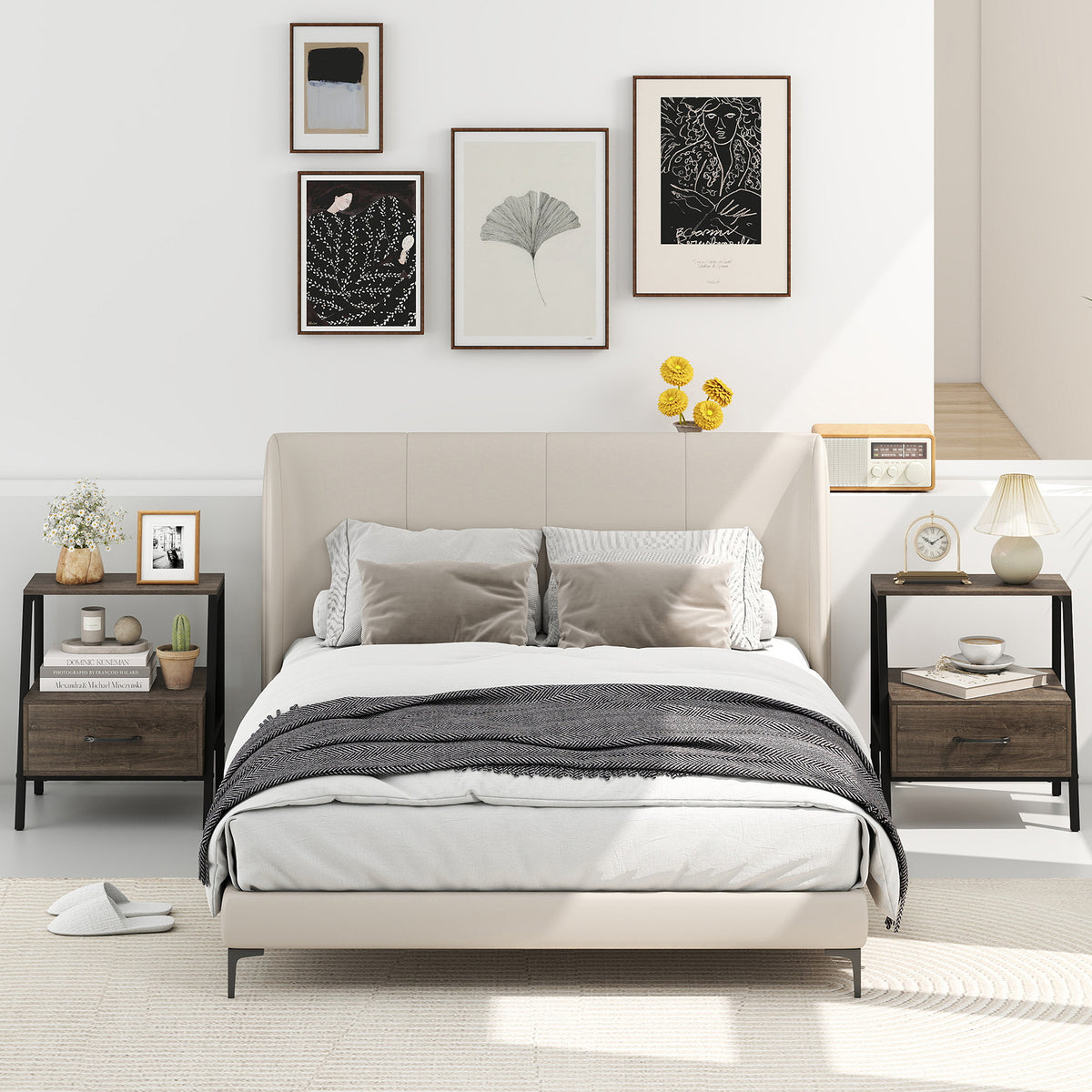 Set of 2 Farmhouse 3-Tier Nightstand with Drawer and Open Shelf-Grey