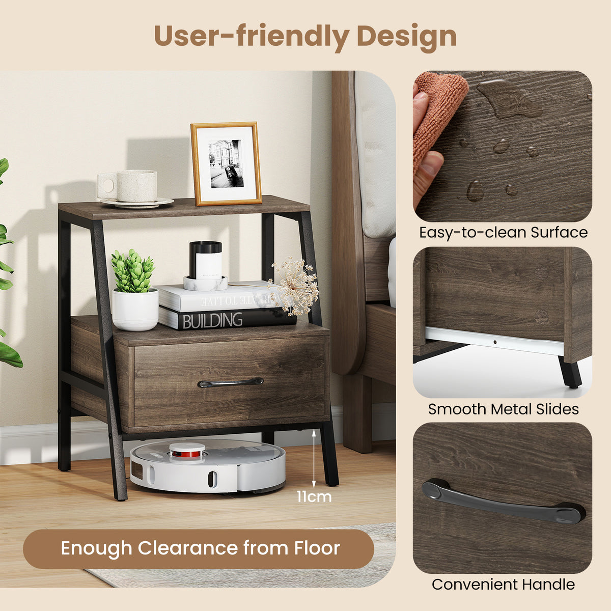 Set of 2 Farmhouse 3-Tier Nightstand with Drawer and Open Shelf-Grey