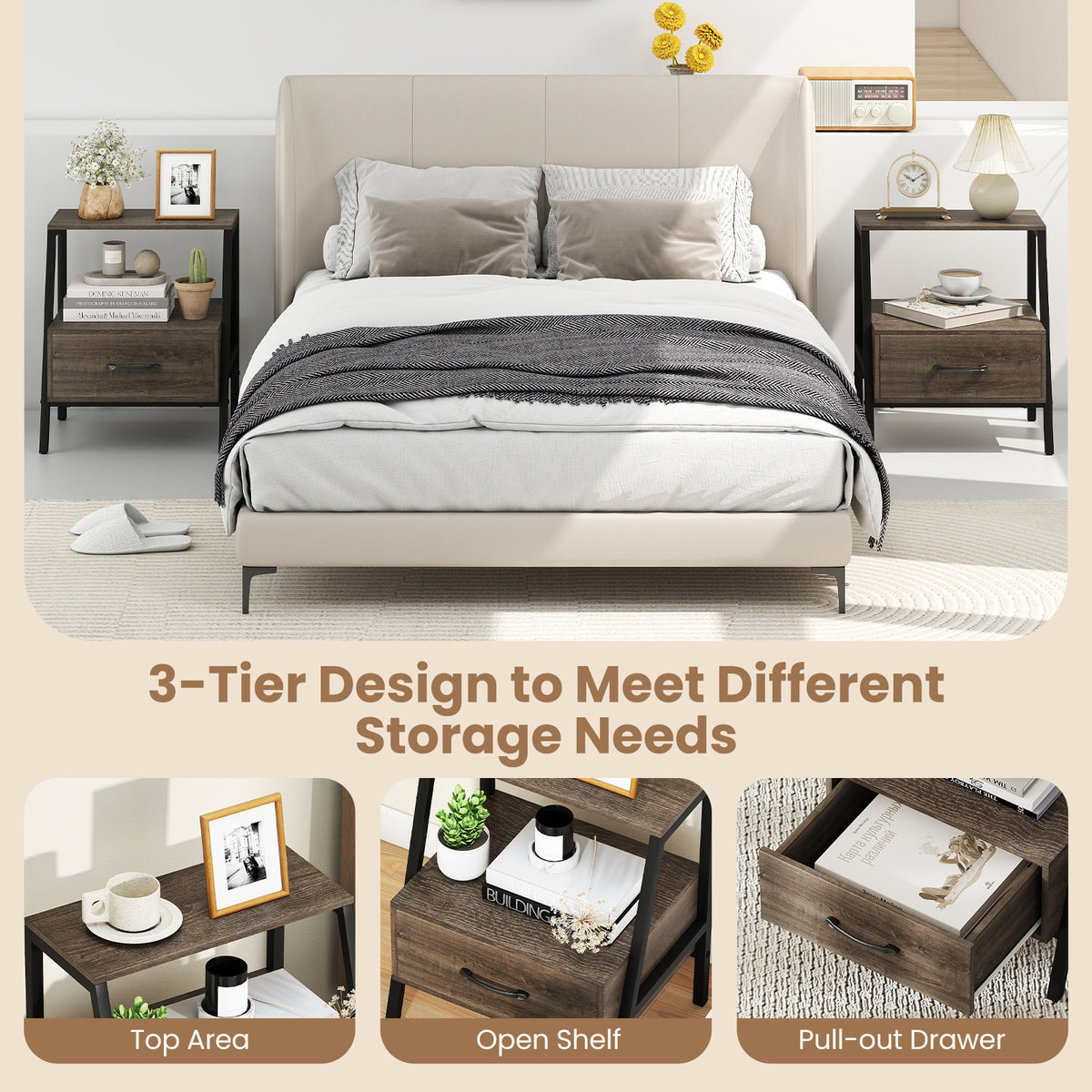 Set of 2 Farmhouse 3-Tier Nightstand with Drawer and Open Shelf-Grey