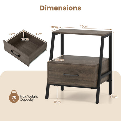 Set of 2 Farmhouse 3-Tier Nightstand with Drawer and Open Shelf-Grey