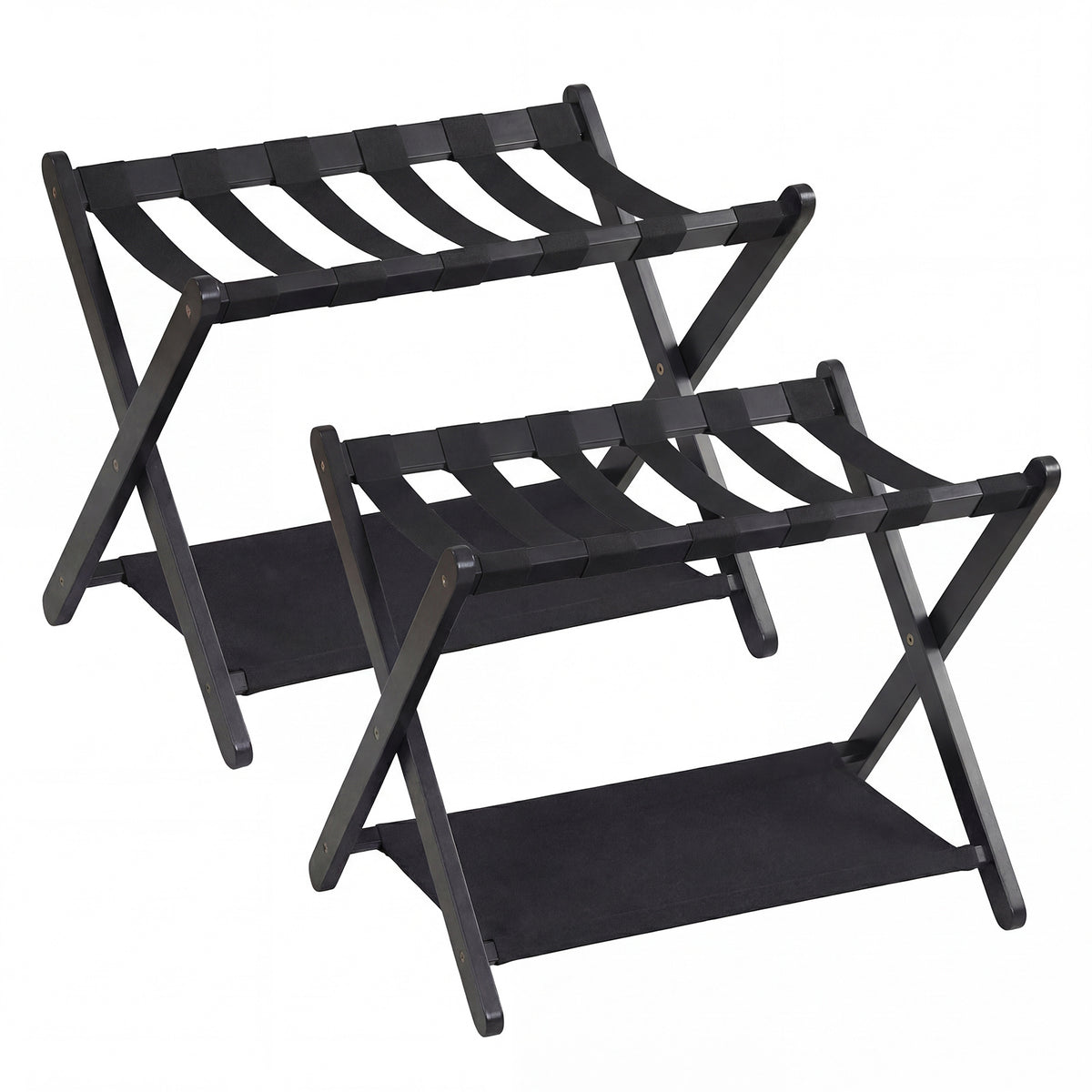 Set of 2 Folding Luggage Rack with Rubberwood Frame for Bedroom-Black