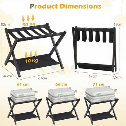 Set of 2 Folding Luggage Rack with Rubberwood Frame for Bedroom-Black